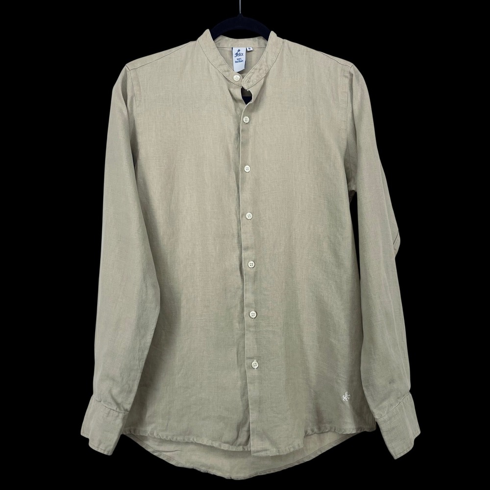 Felix Size Small Linen Mandarin Collar Shirt Beige Neutral Button Down Women's